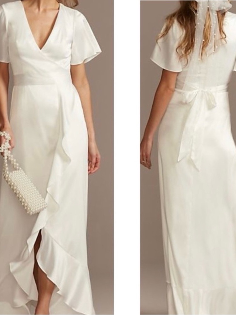 David’s bridal White Satin Wrap Dress with Ruffle Hem - Picture 6 of 6